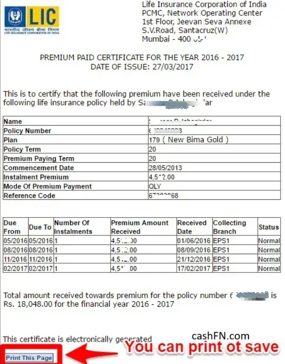 Download LIC Premium Payment Certificate Online